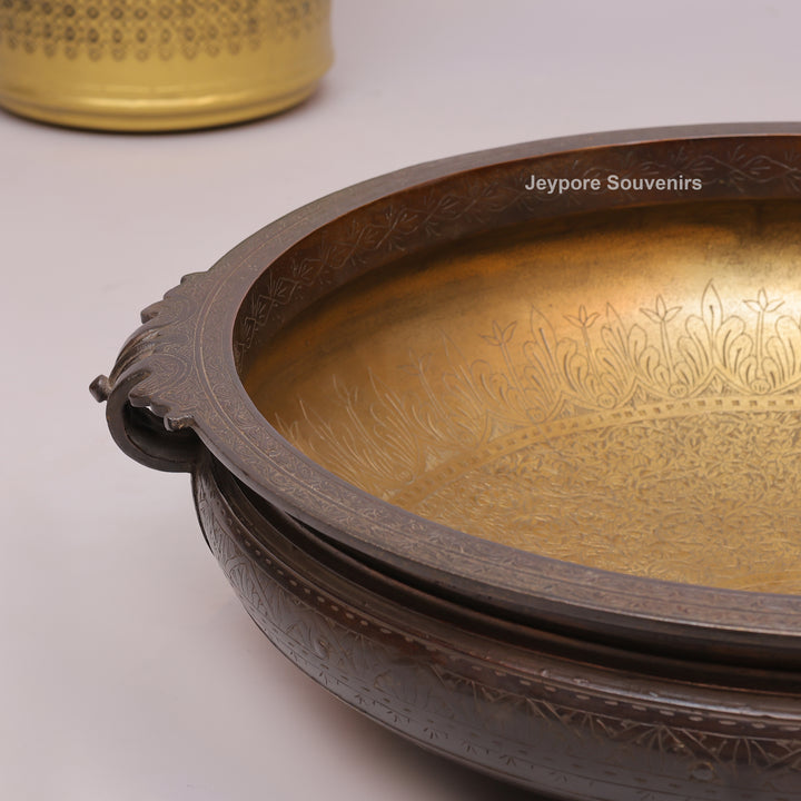 Antique Brass Urli Bowl with Dark Finished Exterior &amp; Side Handle