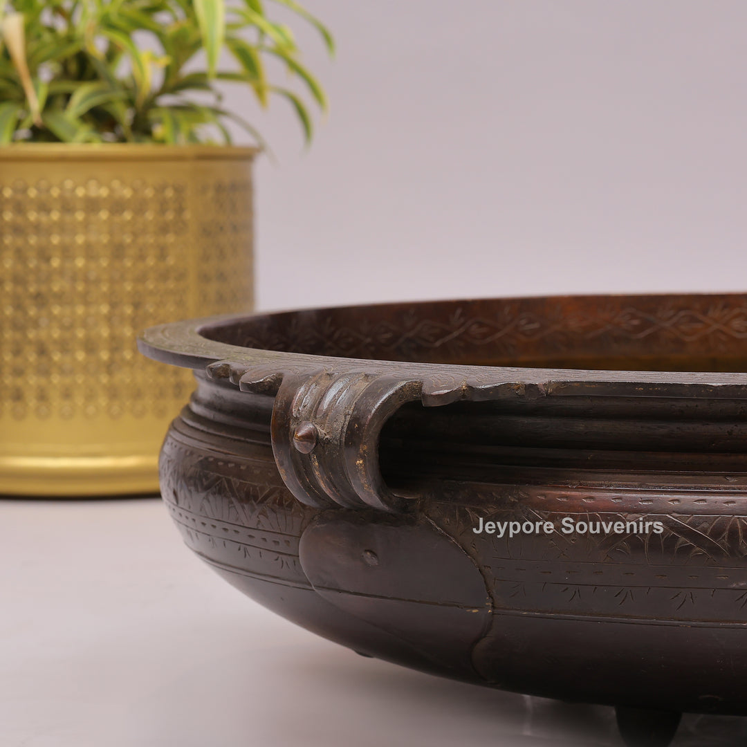 Antique Brass Urli Bowl with Dark Finished Exterior &amp; Side Handle