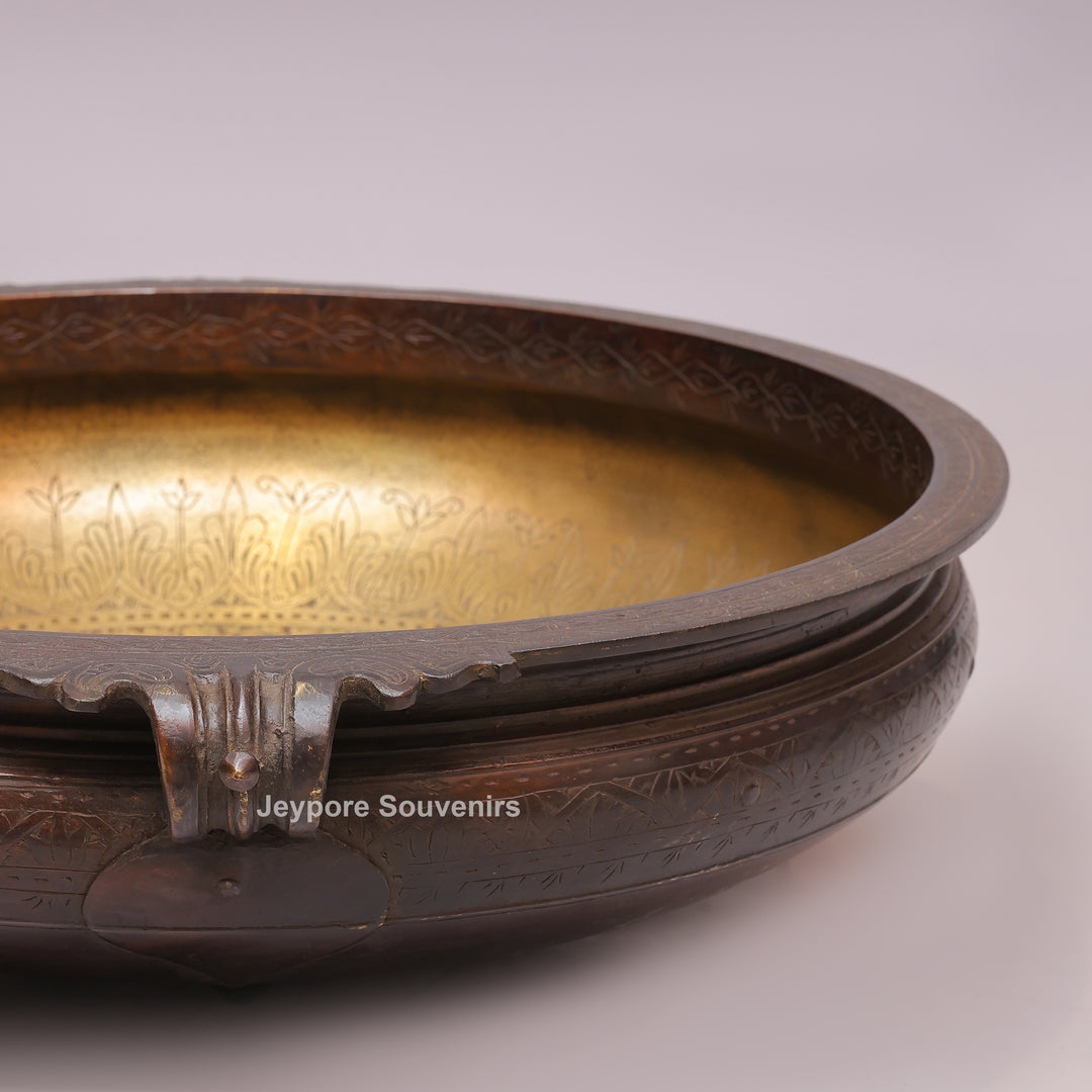 Antique Brass Urli Bowl with Dark Finished Exterior &amp; Side Handle