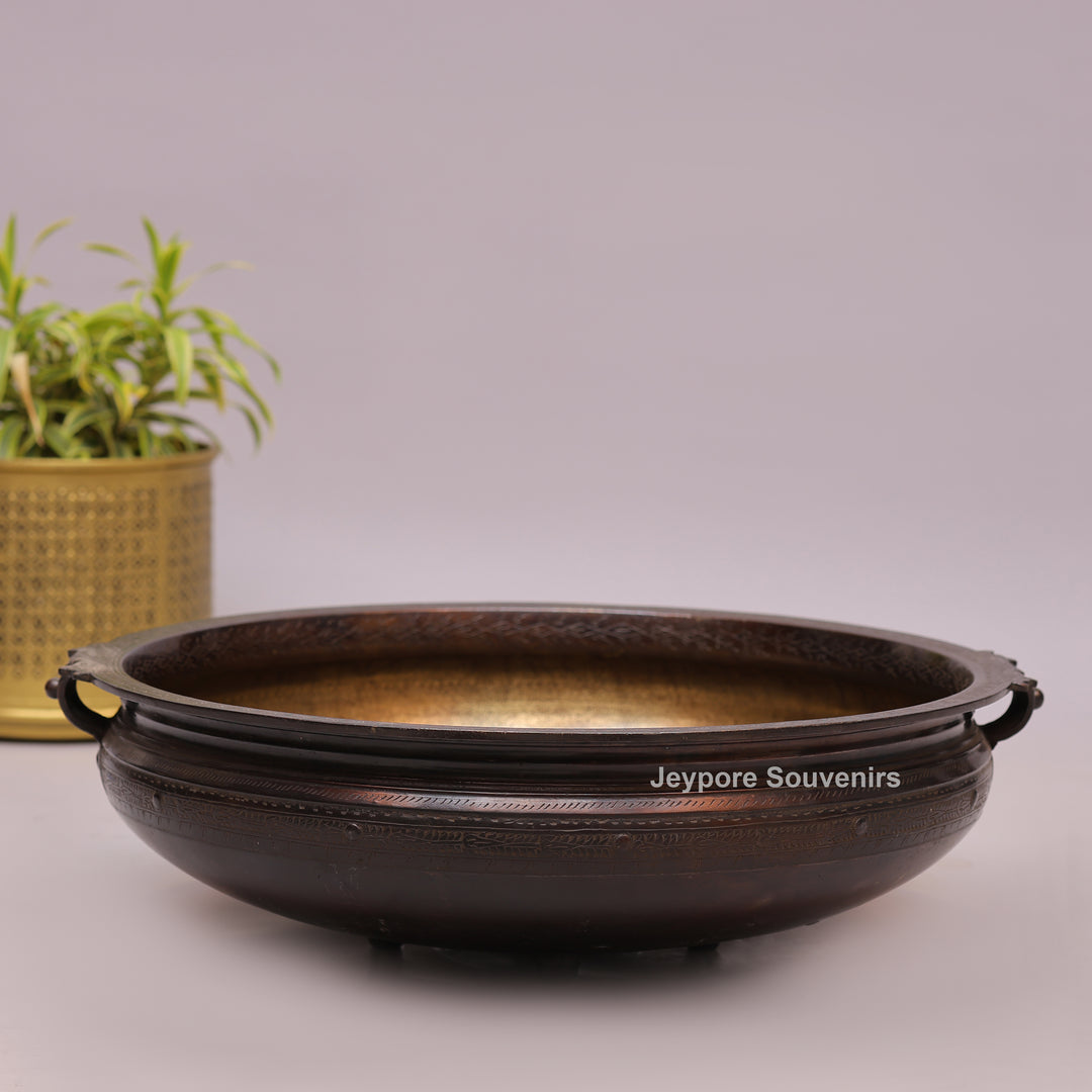 Antique Large Brass Urli Bowl with Dark Antique-Finished Exterior