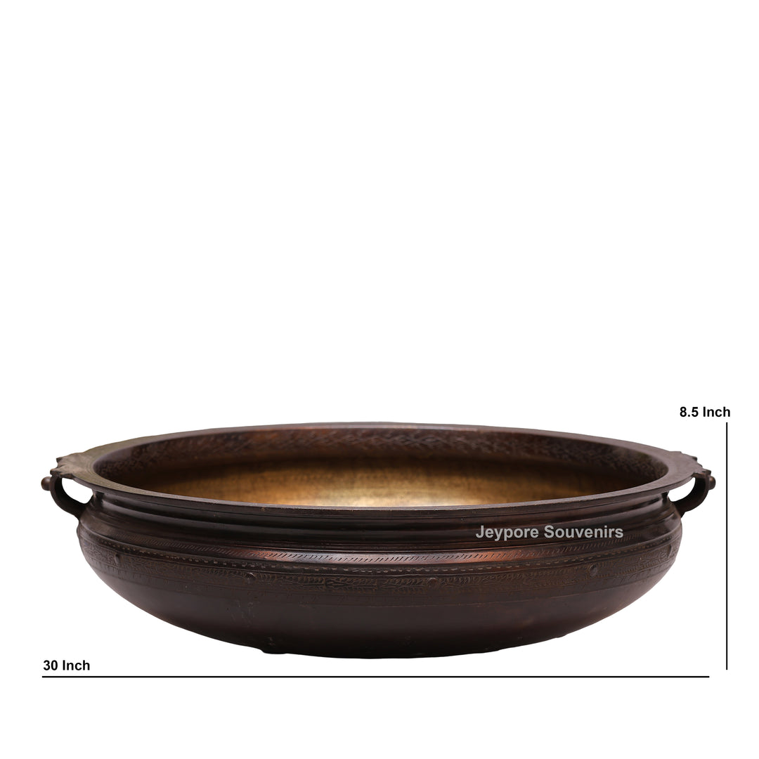 Antique Large Brass Urli Bowl with Dark Antique-Finished Exterior