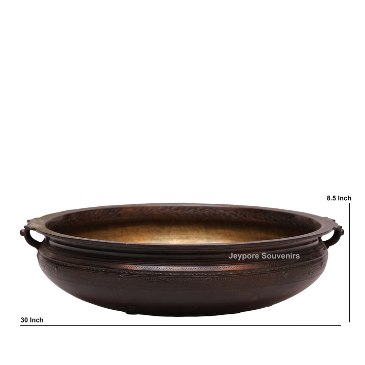 Antique Large Brass Urli Bowl with Dark Antique-Finished Exterior