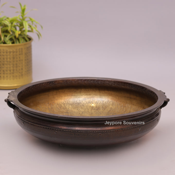 Antique Large Brass Urli Bowl with Dark Antique-Finished Exterior