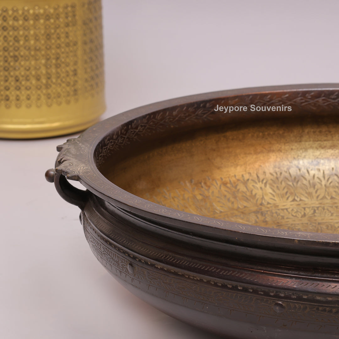 Antique Large Brass Urli Bowl with Dark Antique-Finished Exterior