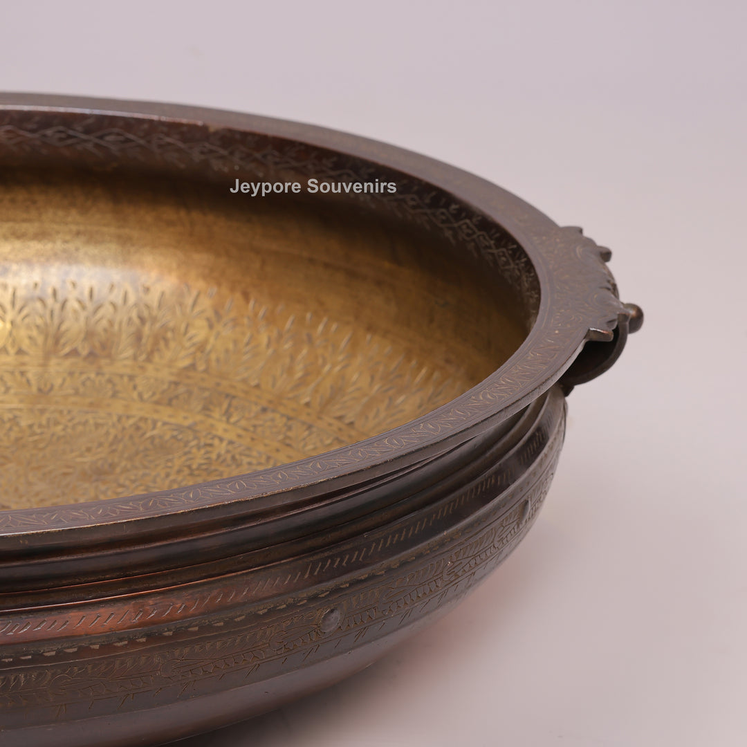 Antique Large Brass Urli Bowl with Dark Antique-Finished Exterior