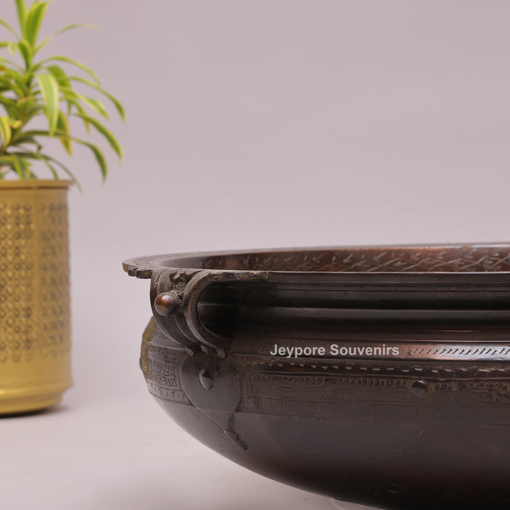 Antique Large Brass Urli Bowl with Dark Antique-Finished Exterior