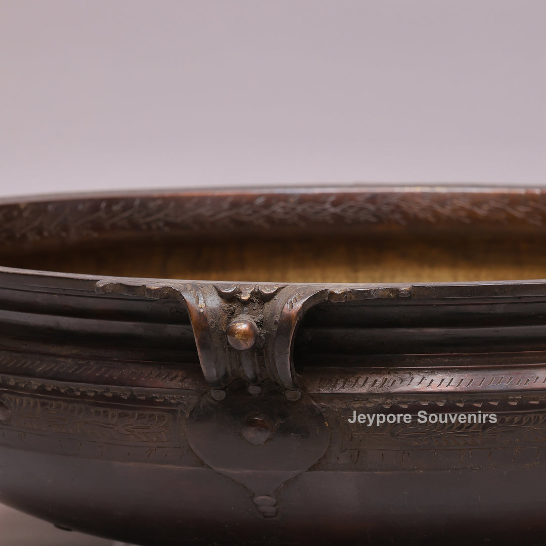 Antique Large Brass Urli Bowl with Dark Antique-Finished Exterior