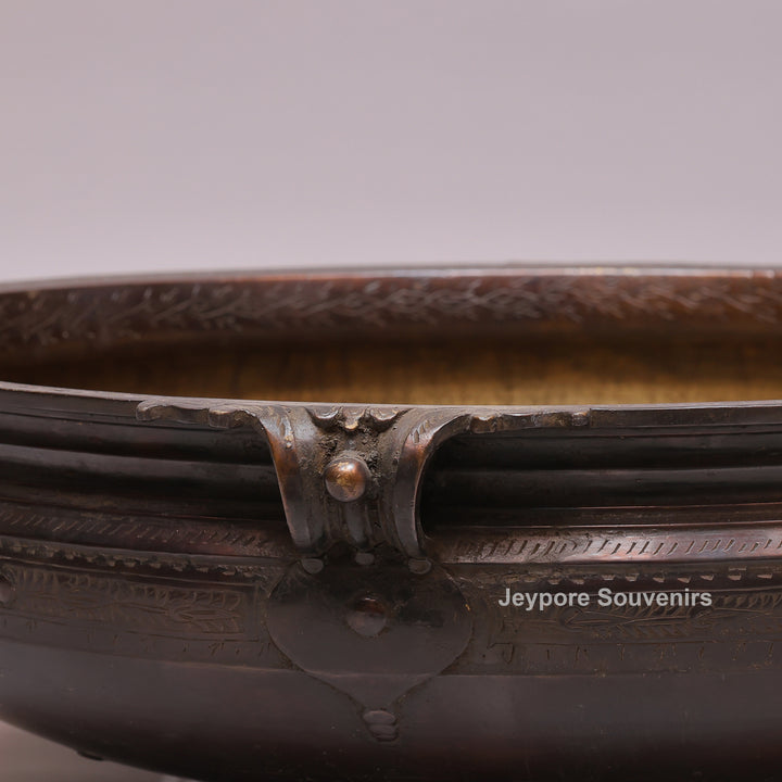 Antique Large Brass Urli Bowl with Dark Antique-Finished Exterior