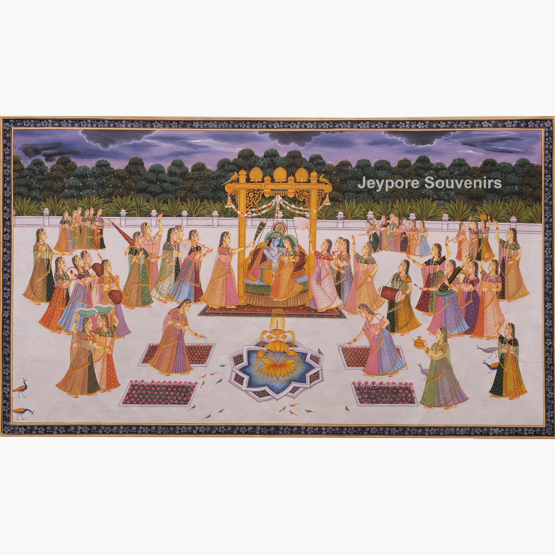 Hand-Painted Radha Krishna Royal Courtyard  Painting