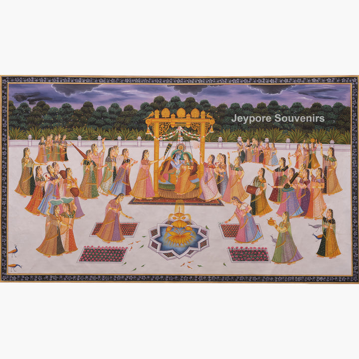 Hand-Painted Radha Krishna Royal Courtyard  Painting