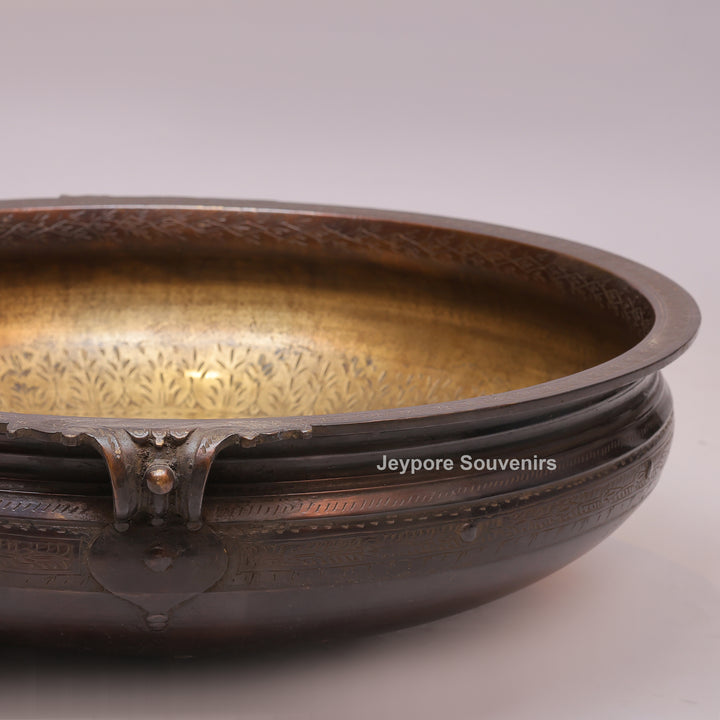 Antique Large Brass Urli Bowl with Dark Antique-Finished Exterior