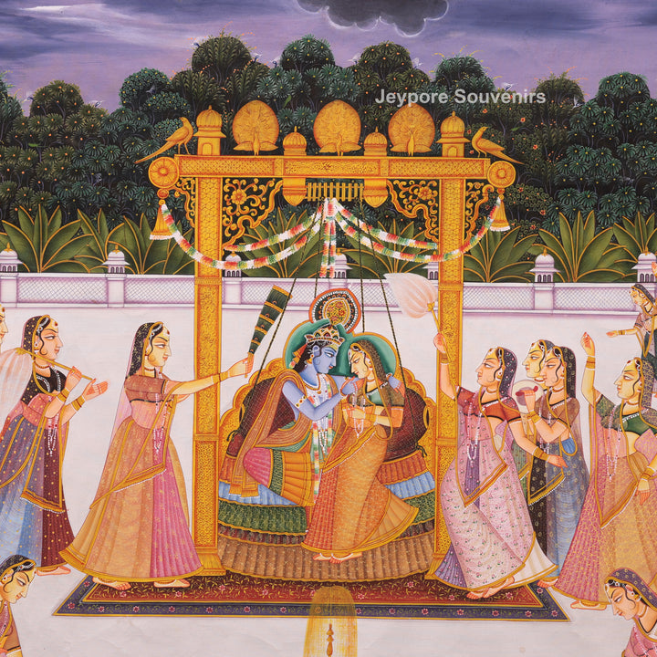 Hand-Painted Radha Krishna Royal Courtyard  Painting