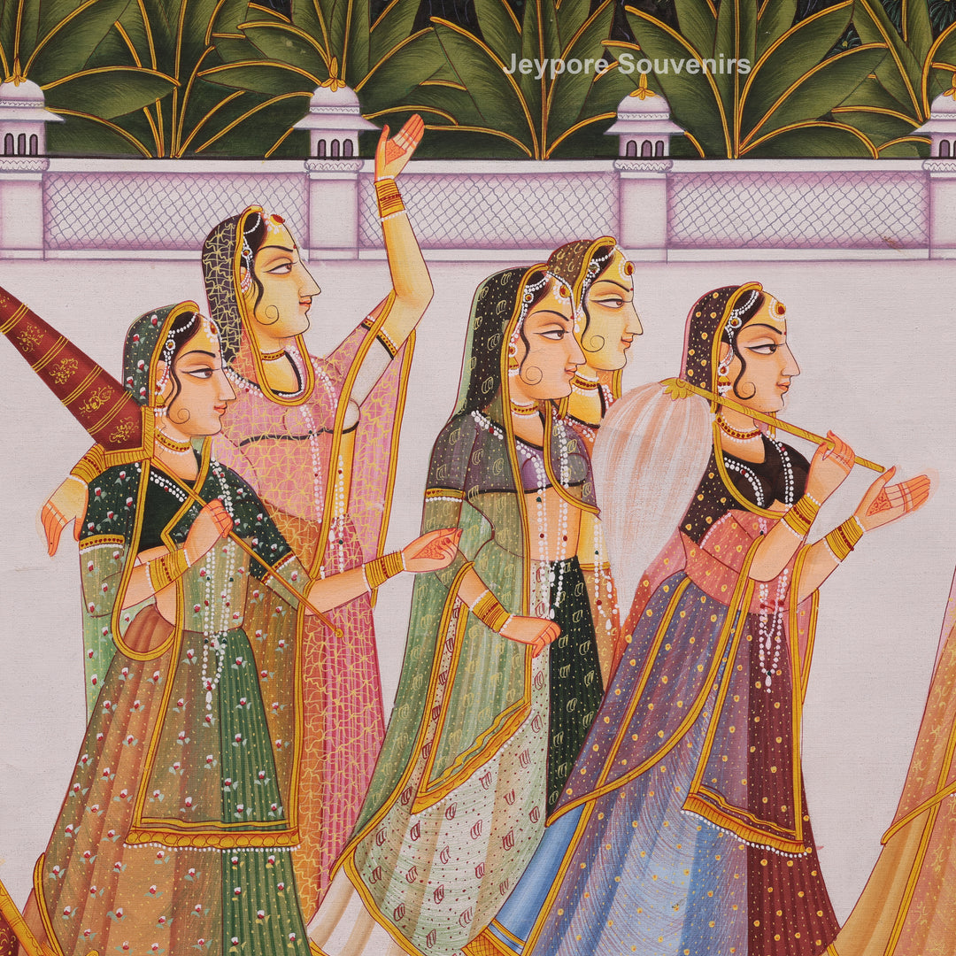 Hand-Painted Radha Krishna Royal Courtyard  Painting