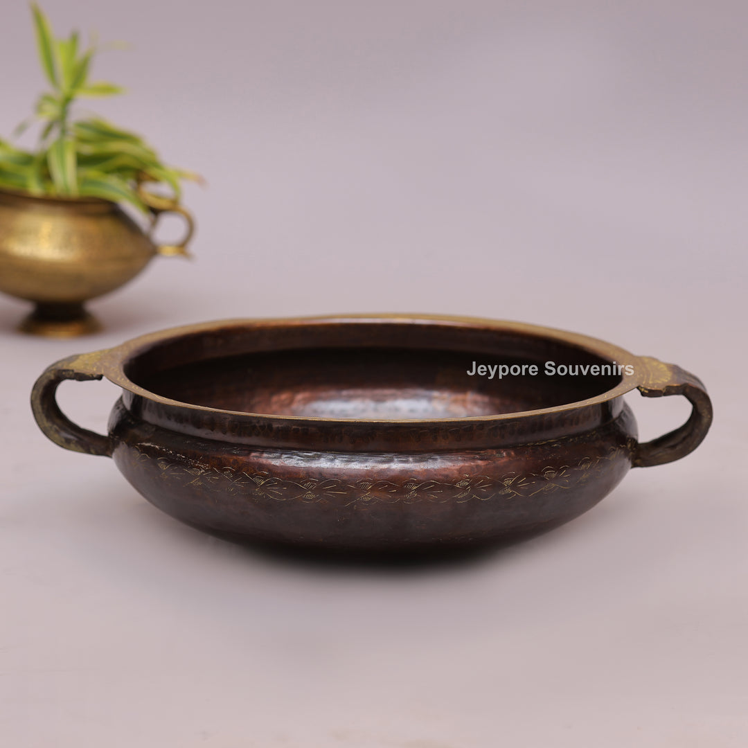 Antique Brass Urli Bowl with Dark Antique-Finished Exterior and Side Handles