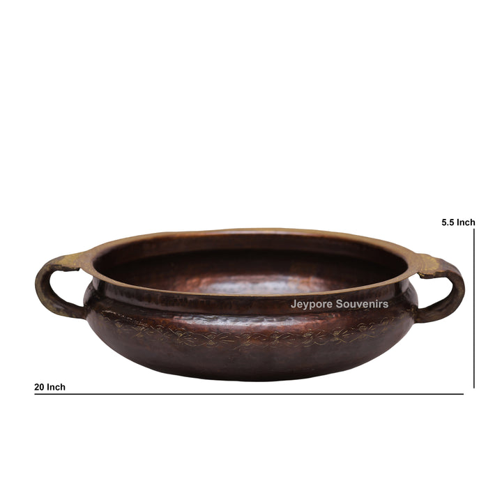 Antique Brass Urli Bowl with Dark Antique-Finished Exterior and Side Handles