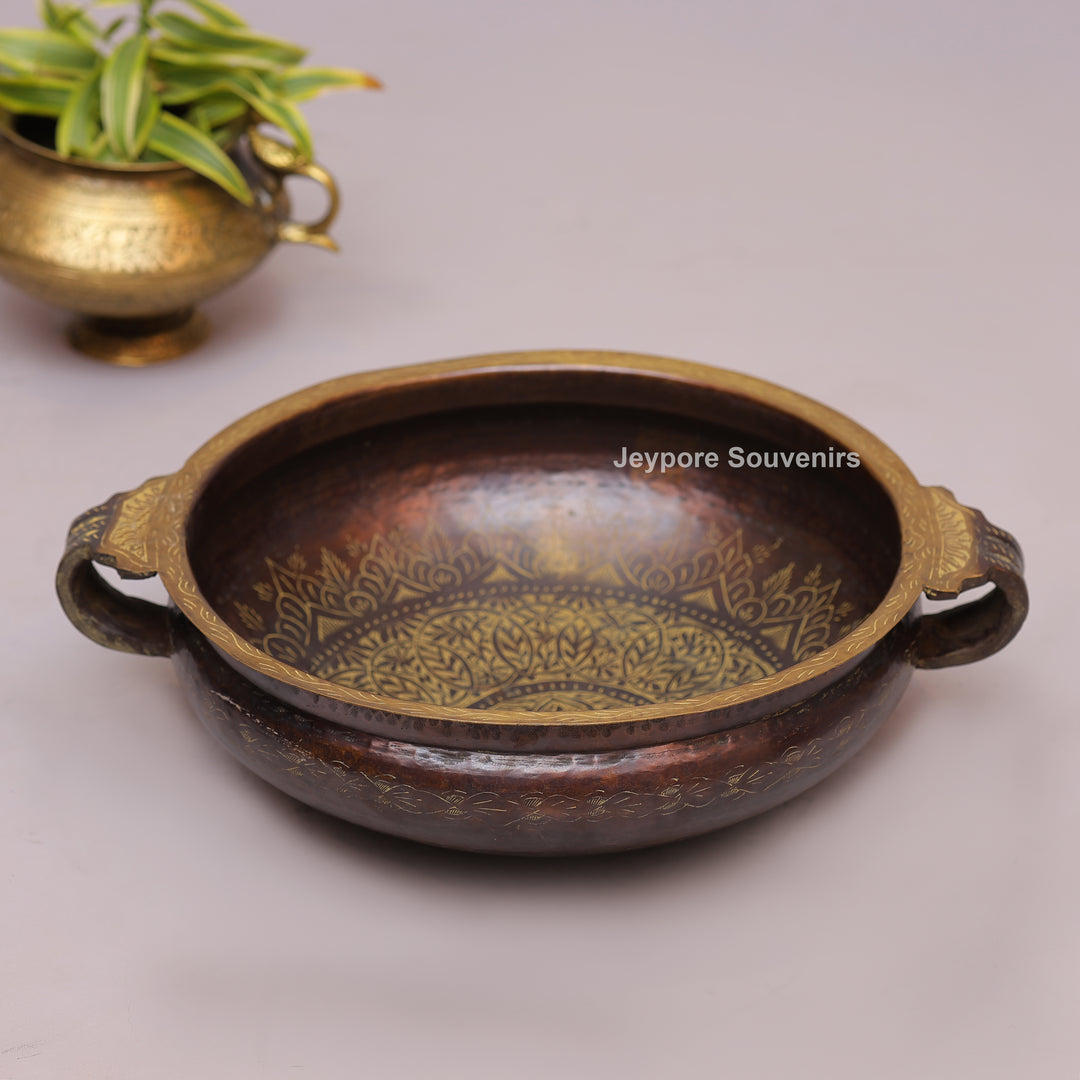 Antique Brass Urli Bowl with Dark Antique-Finished Exterior and Side Handles