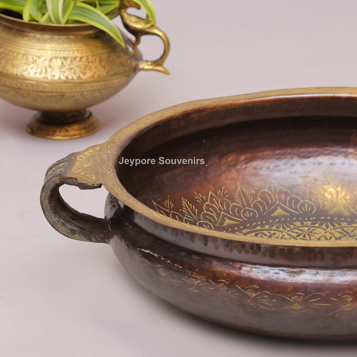 Antique Brass Urli Bowl with Dark Antique-Finished Exterior and Side Handles