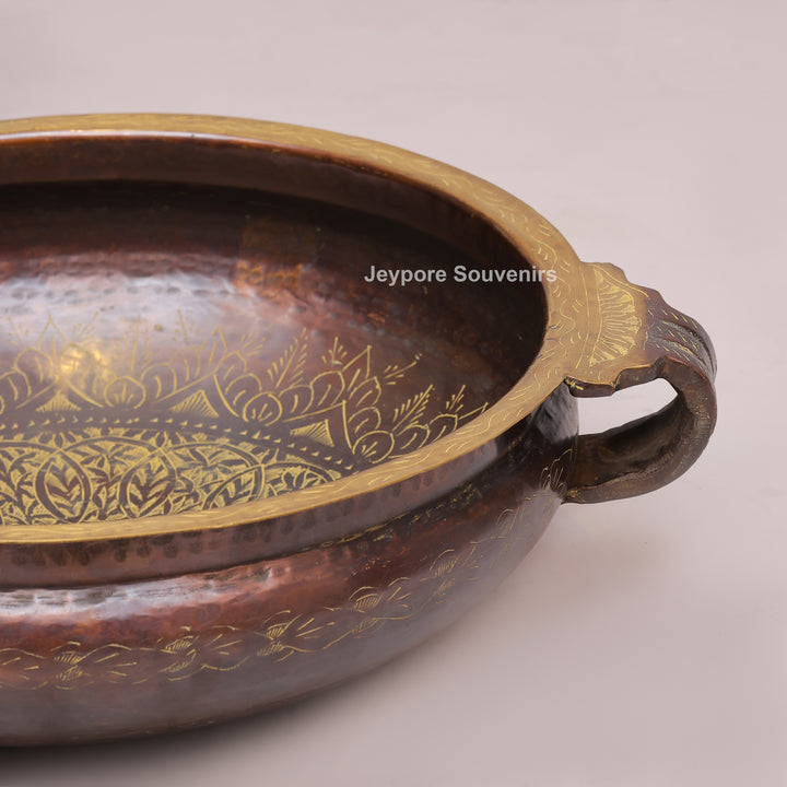 Antique Brass Urli Bowl with Dark Antique-Finished Exterior and Side Handles
