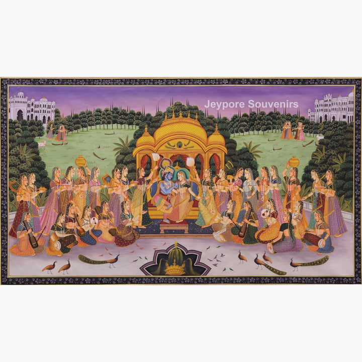 Hand-Painted Radha Krishna Darbar Canvas Painting
