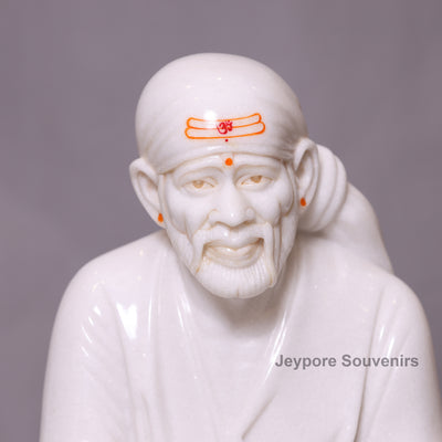30" Hand-Carved Pure White Marble Sai Baba Sculpture