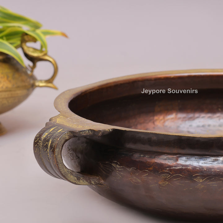 Antique Brass Urli Bowl with Dark Antique-Finished Exterior and Side Handles