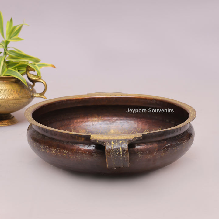Antique Brass Urli Bowl with Dark Antique-Finished Exterior and Side Handles
