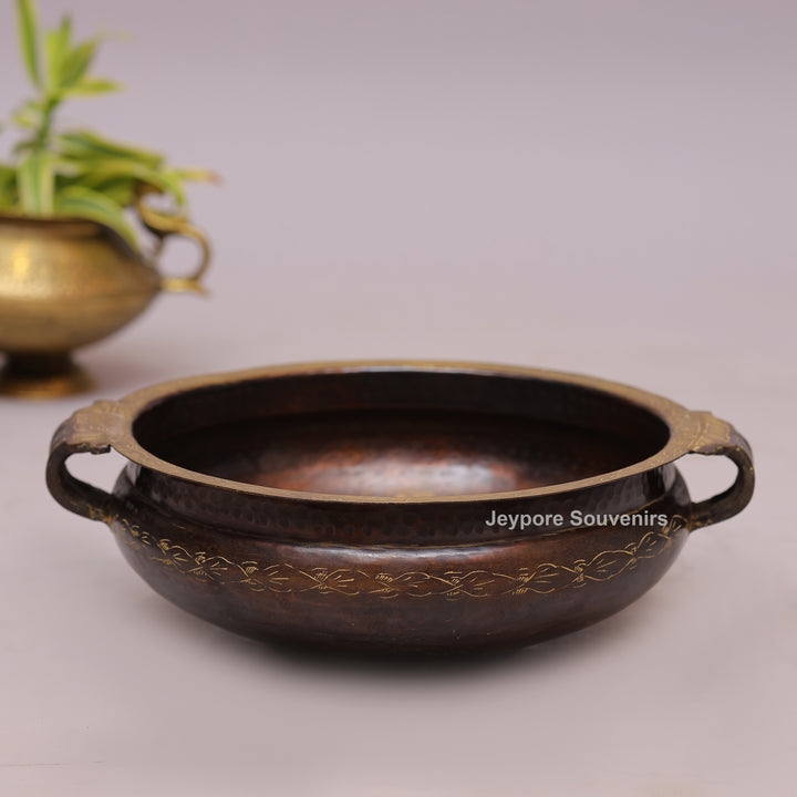 Antique Finish Brass Urli With Dual Side Handles &amp; Embossed Floral Motif Band