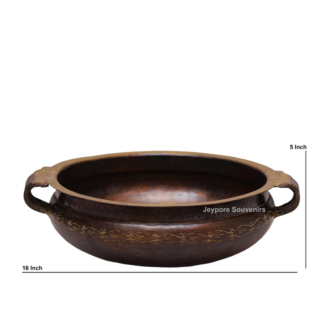 Antique Finish Brass Urli With Dual Side Handles &amp; Embossed Floral Motif Band