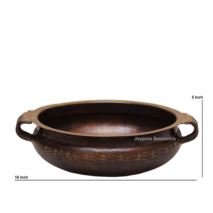 Antique Finish Brass Urli With Dual Side Handles &amp; Embossed Floral Motif Band