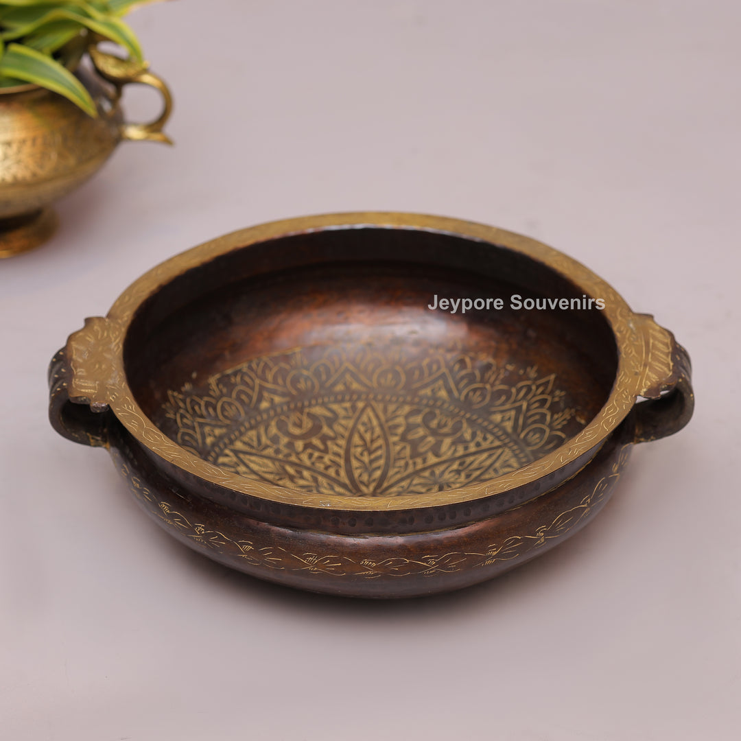 Antique Finish Brass Urli With Dual Side Handles &amp; Embossed Floral Motif Band