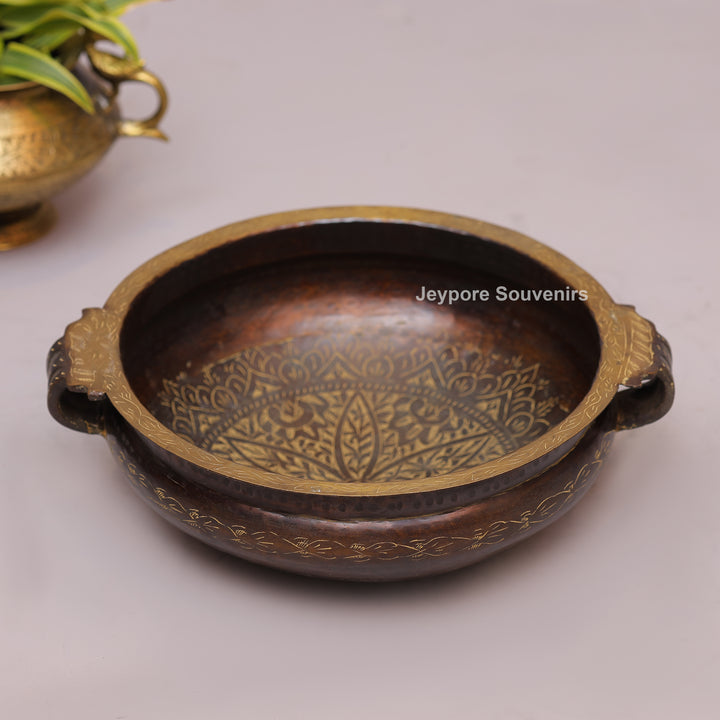 Antique Finish Brass Urli With Dual Side Handles &amp; Embossed Floral Motif Band