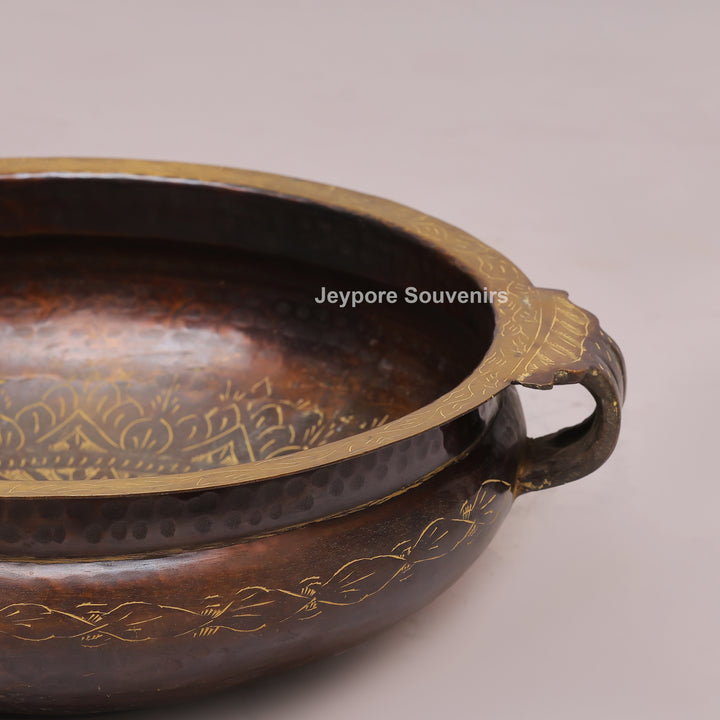 Antique Finish Brass Urli With Dual Side Handles &amp; Embossed Floral Motif Band