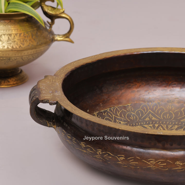 Antique Finish Brass Urli With Dual Side Handles &amp; Embossed Floral Motif Band