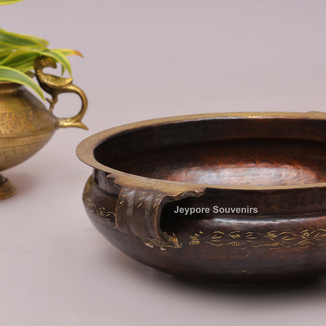Antique Finish Brass Urli With Dual Side Handles &amp; Embossed Floral Motif Band