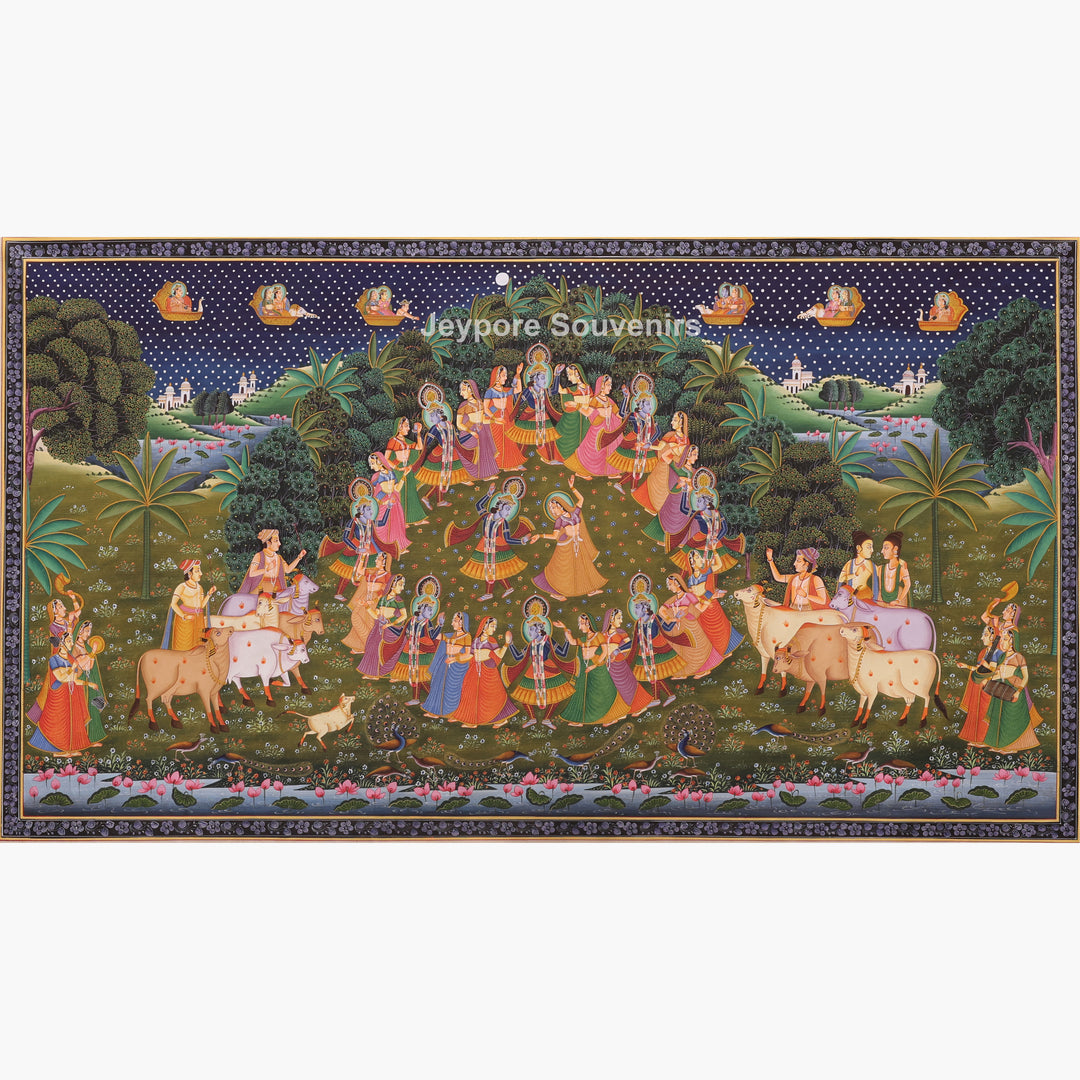 Handmade Radha Krishna Raas Leela Canvas Painting with Gopis &amp; Cows