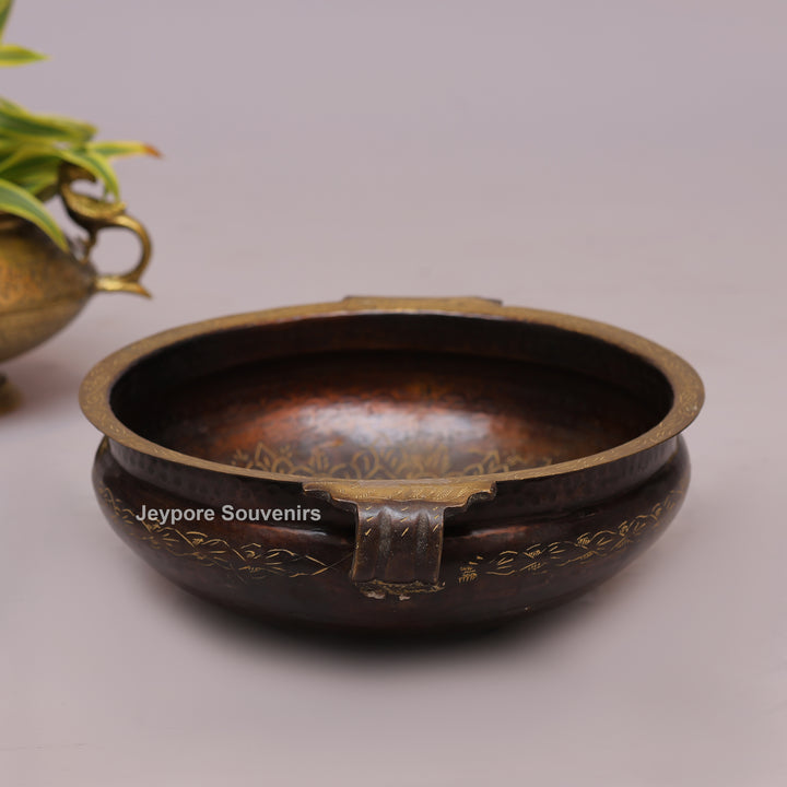 Antique Finish Brass Urli With Dual Side Handles &amp; Embossed Floral Motif Band
