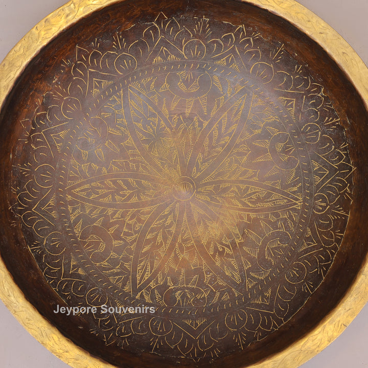 Antique Finish Brass Urli With Dual Side Handles &amp; Embossed Floral Motif Band