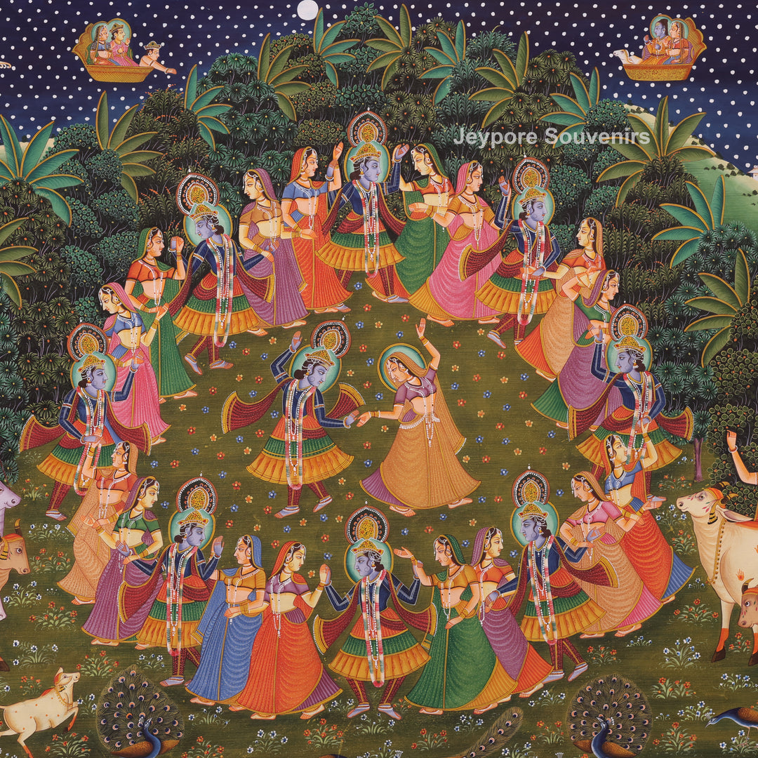 Handmade Radha Krishna Raas Leela Canvas Painting with Gopis &amp; Cows