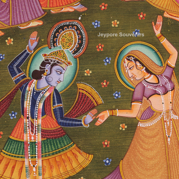 Handmade Radha Krishna Raas Leela Canvas Painting with Gopis &amp; Cows