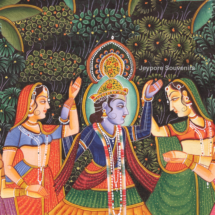 Handmade Radha Krishna Raas Leela Canvas Painting with Gopis &amp; Cows