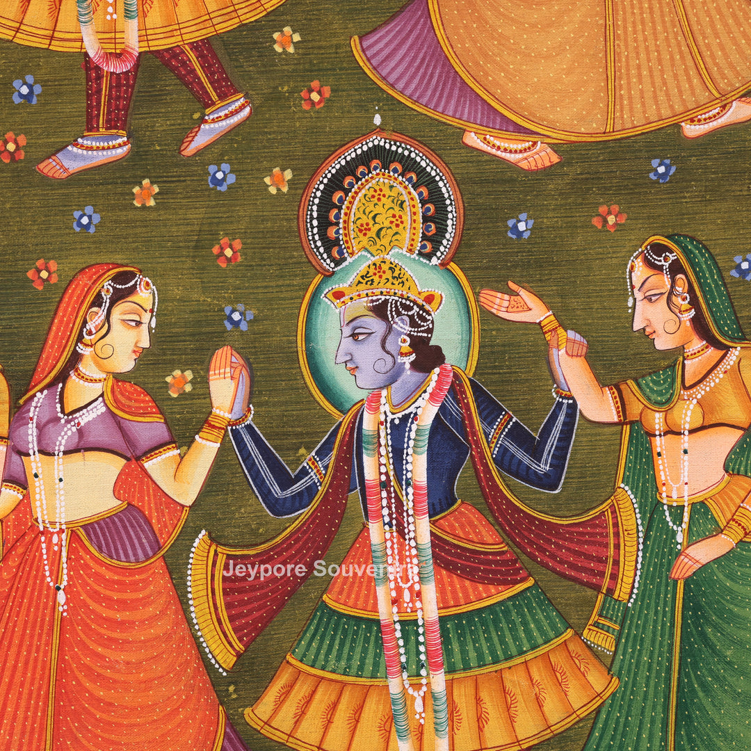 Handmade Radha Krishna Raas Leela Canvas Painting with Gopis &amp; Cows