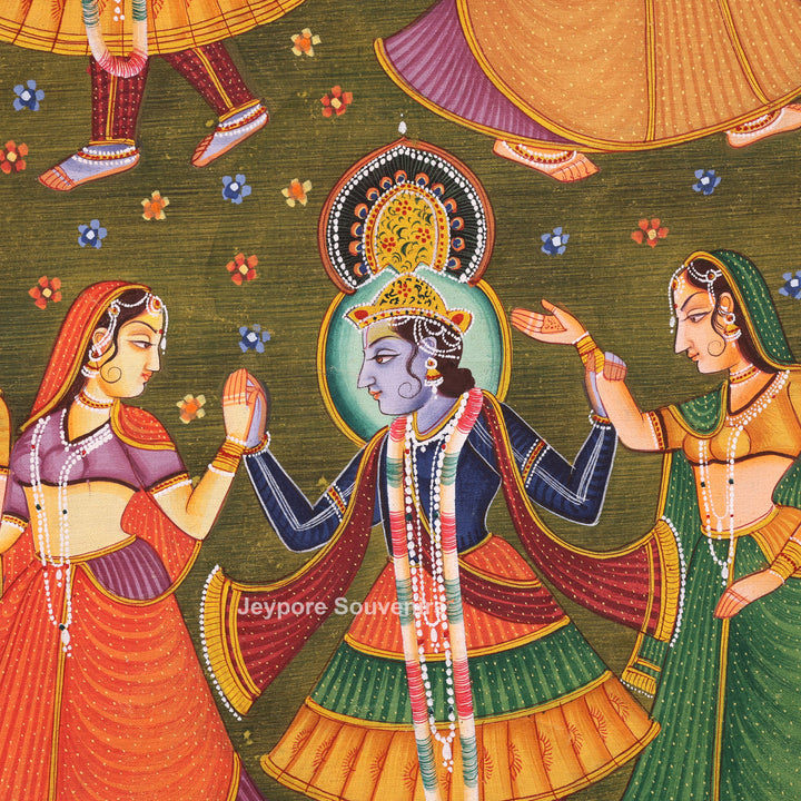 Handmade Radha Krishna Raas Leela Canvas Painting with Gopis &amp; Cows