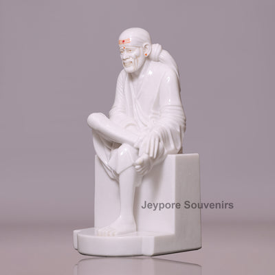30" Hand-Carved Pure White Marble Sai Baba Sculpture