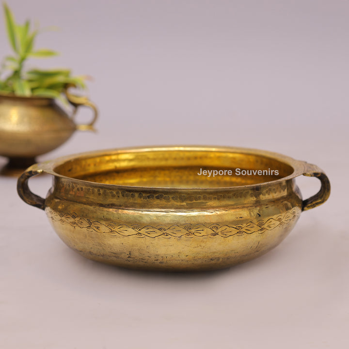 Antique Brass Urli Bowl with Hand-Engraved Floral Leaf Border &amp; Side Handles