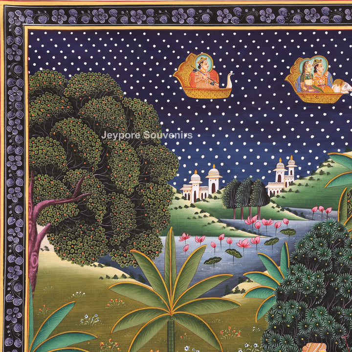 Handmade Radha Krishna Raas Leela Canvas Painting with Gopis &amp; Cows