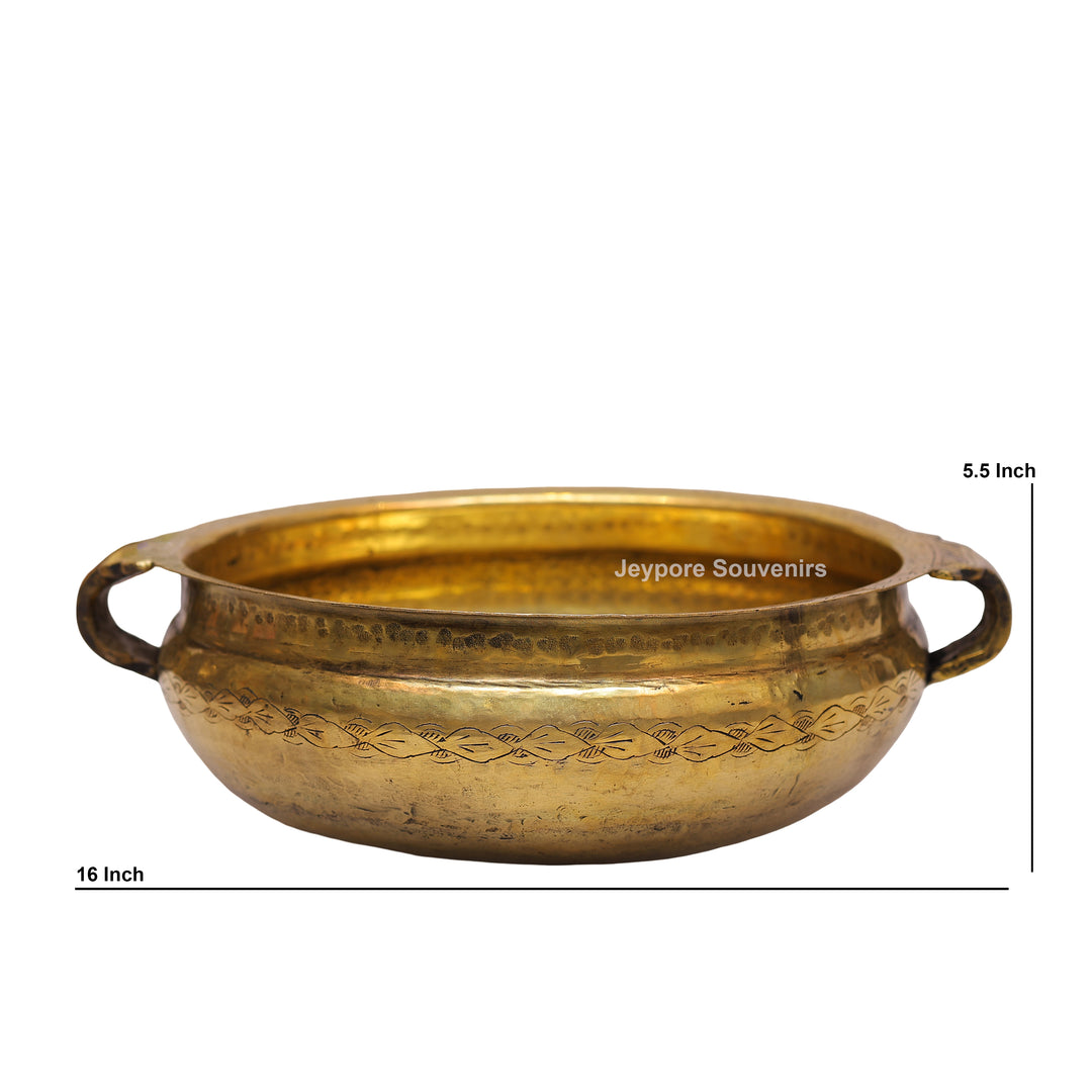 Antique Brass Urli Bowl with Hand-Engraved Floral Leaf Border &amp; Side Handles