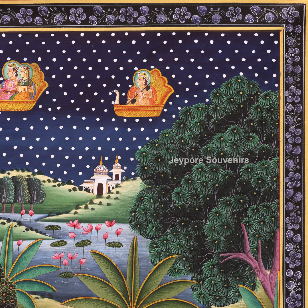 Handmade Radha Krishna Raas Leela Canvas Painting with Gopis &amp; Cows