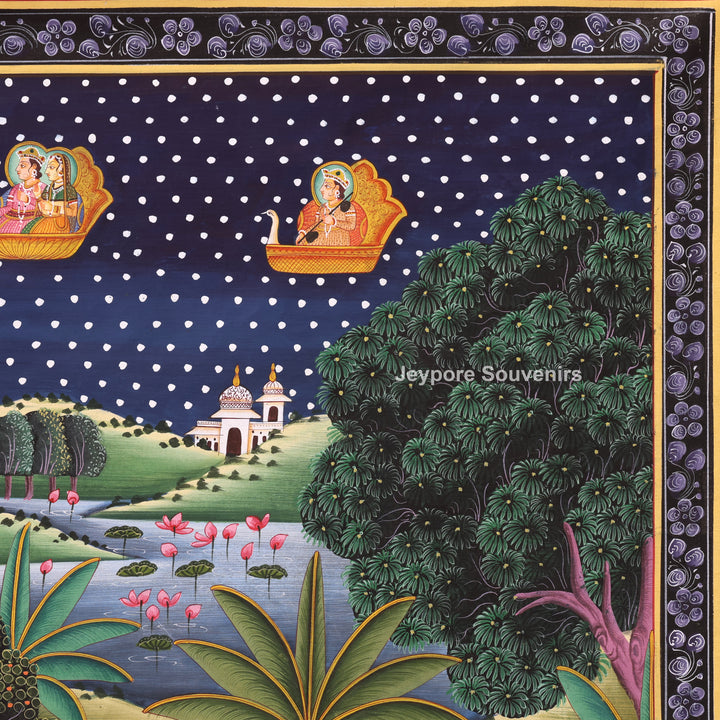 Handmade Radha Krishna Raas Leela Canvas Painting with Gopis &amp; Cows