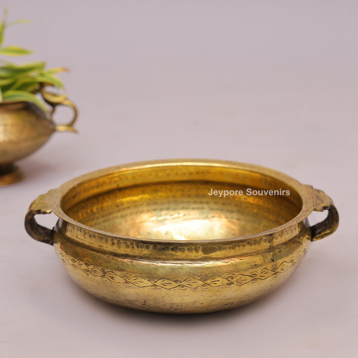 Antique Brass Urli Bowl with Hand-Engraved Floral Leaf Border &amp; Side Handles