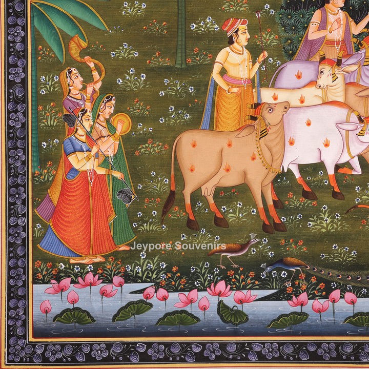 Handmade Radha Krishna Raas Leela Canvas Painting with Gopis &amp; Cows